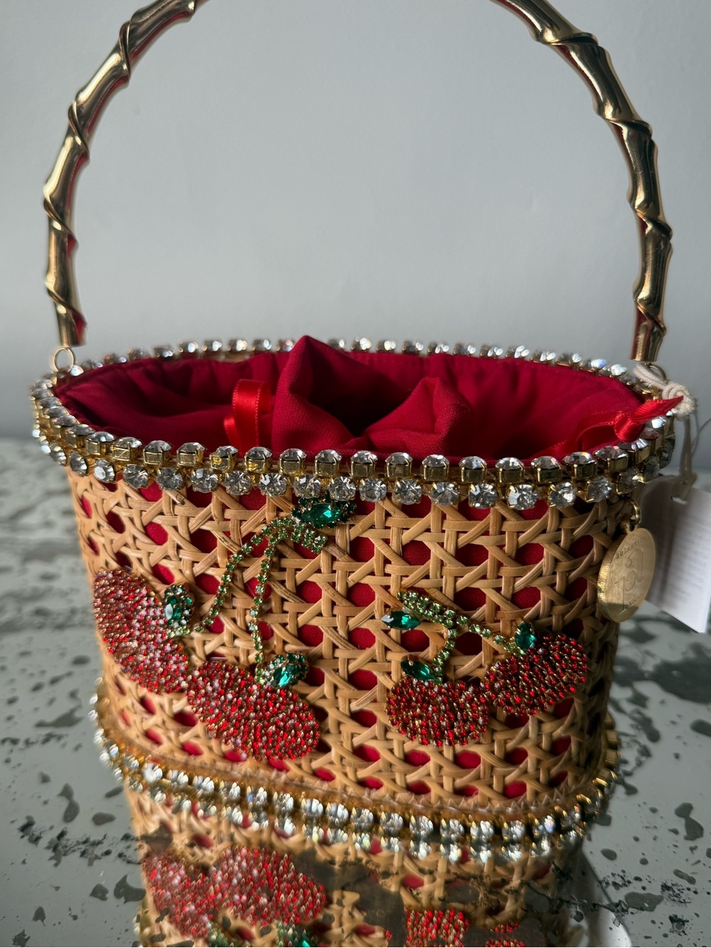 Embellished Woven Top-Handle Bag - Red